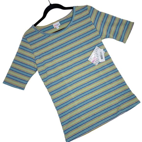 LuLaRoe Gigi Tee Medium Striped Multi-Color Yellow Blue Gray Green Fitted Top - Picture 1 of 9